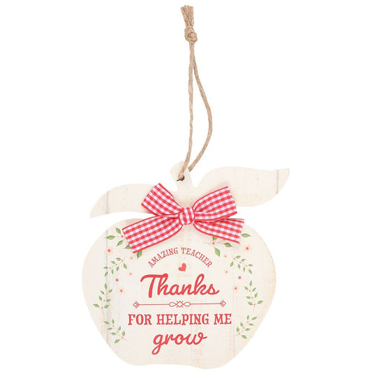 Decorative heart-shaped ornament with a red checkered bow and 'Thanks for helping me grow' text on a white background.