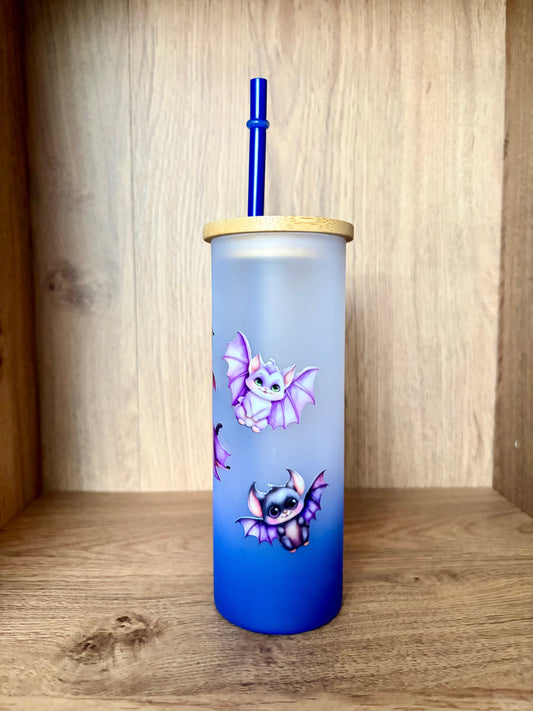 Witch Cat & Baby Bats Glass Tumbler – Blue Ombre