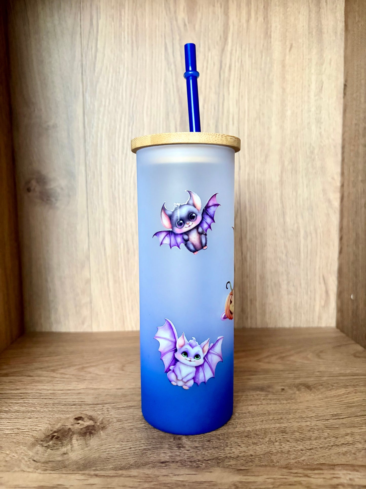 Witch Cat & Baby Bats Glass Tumbler – Blue Ombre