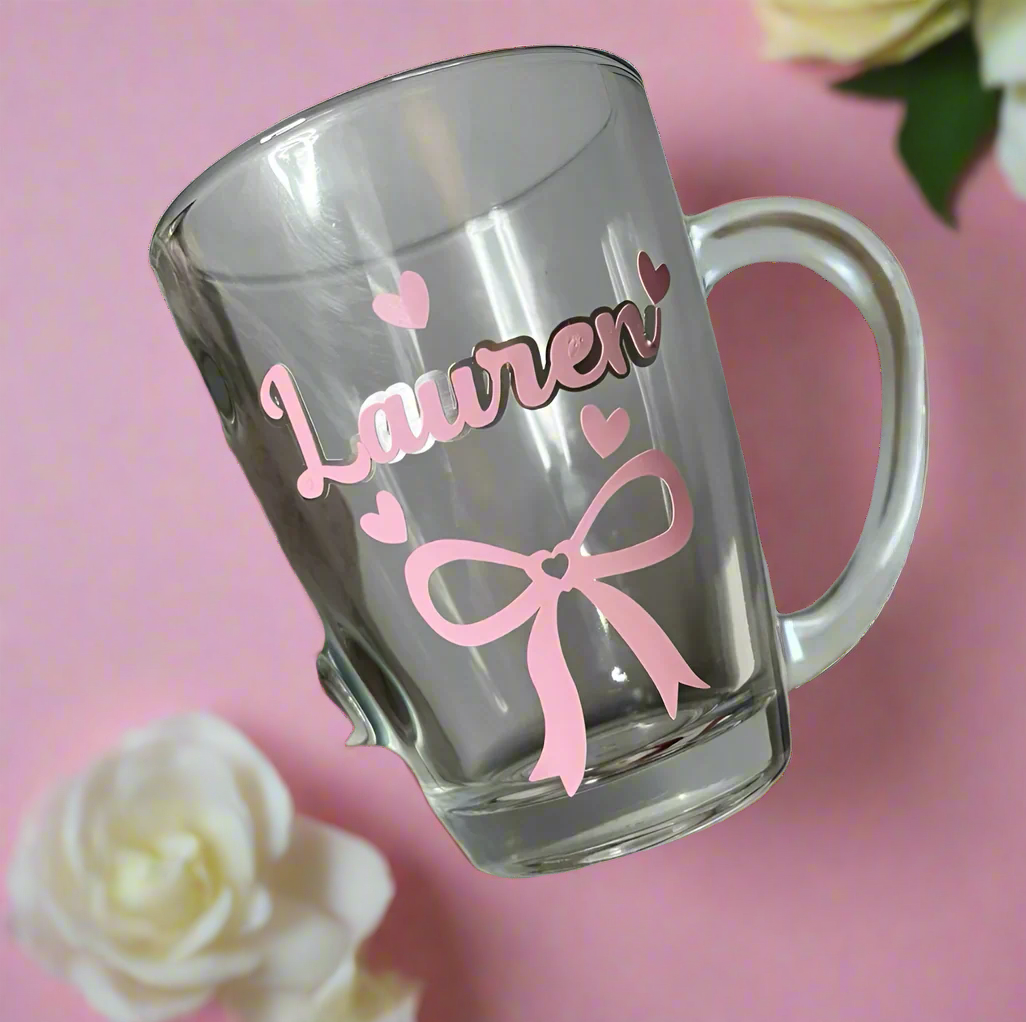 Personalised Clear Glass Mug - Pink Bow Design
