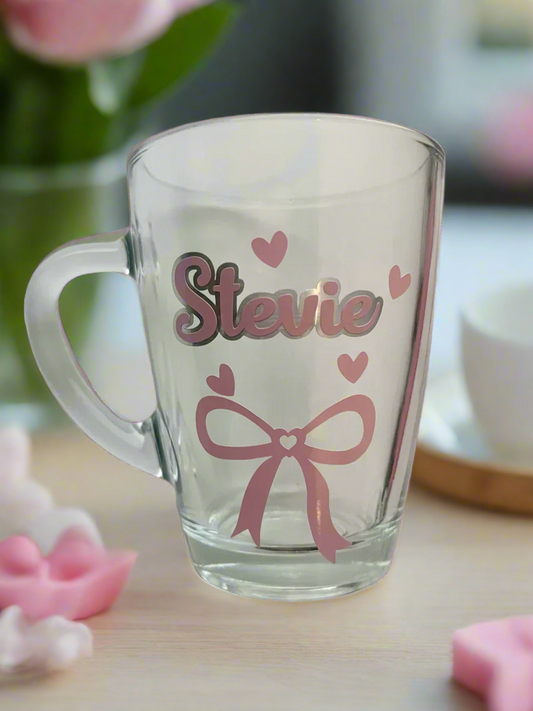 Custom glass mug with pink bow- ideal gift for her