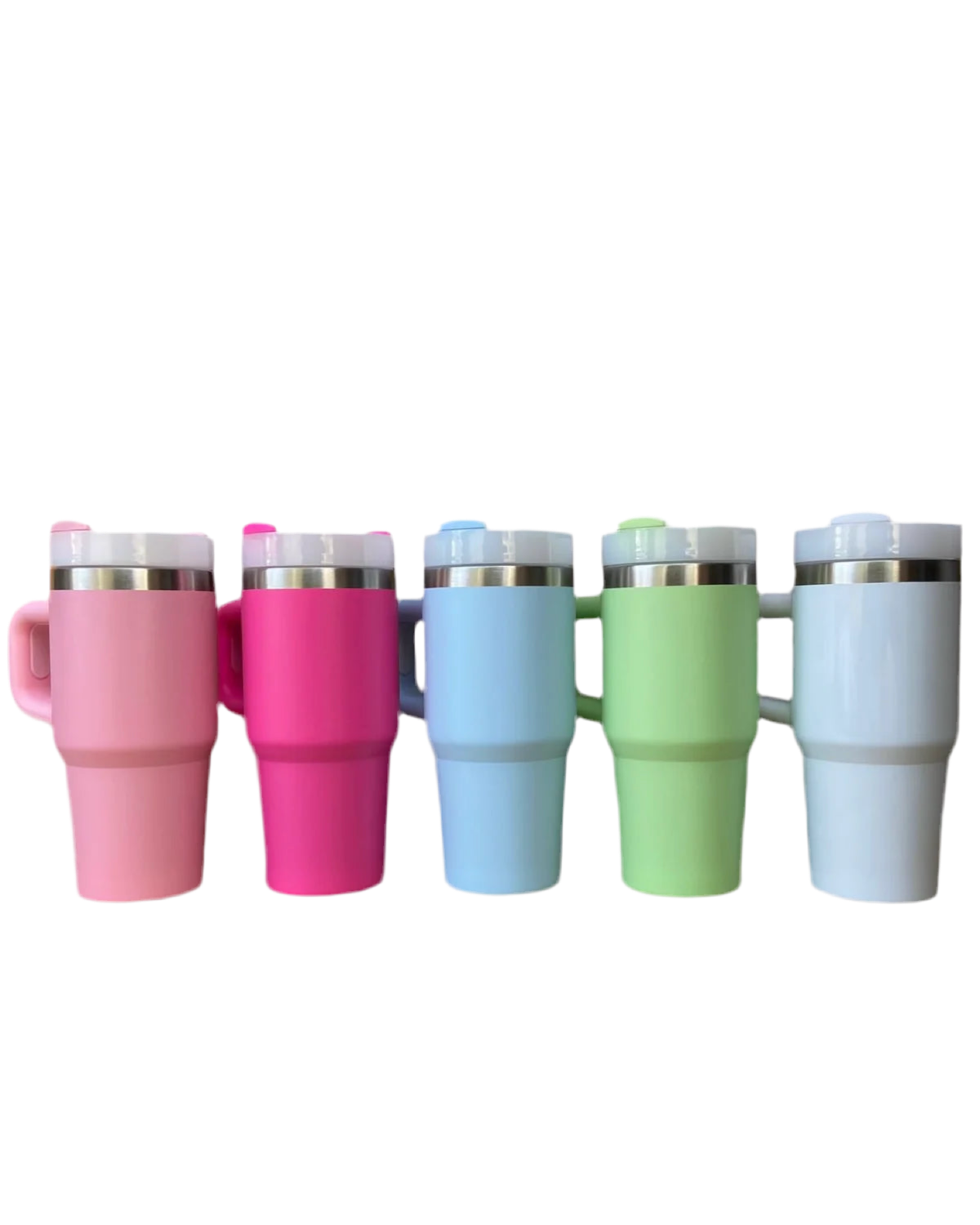 five stainless steel tumblers in assorted colours