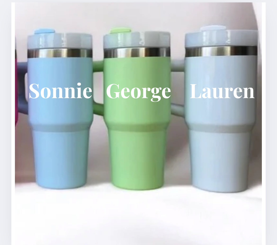 mini tumbler in blue or green with custom names, 14oz size