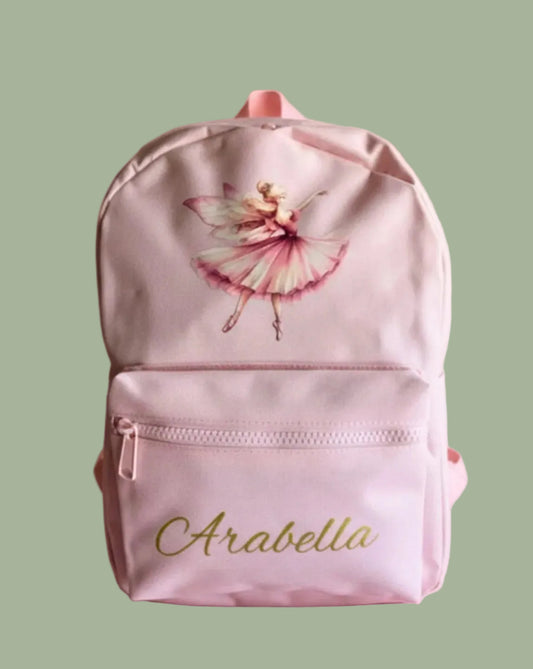 Backpack with a ballerina design and 'Arabella' text on a green background