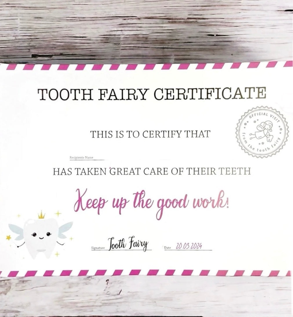 Pink Tooth Fairy certificate for kids
