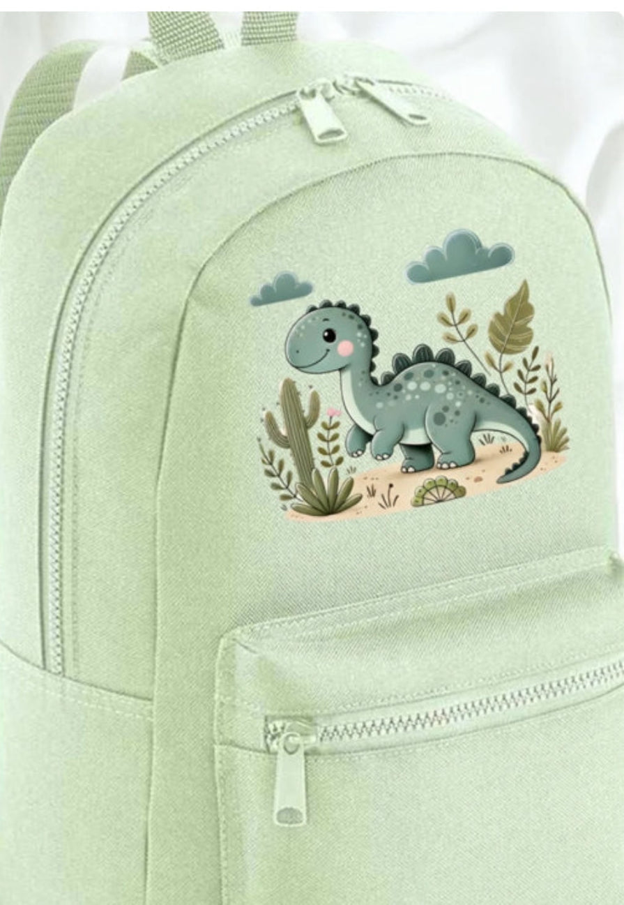 Personalised sage green kids backpack with dinosaur and custom name