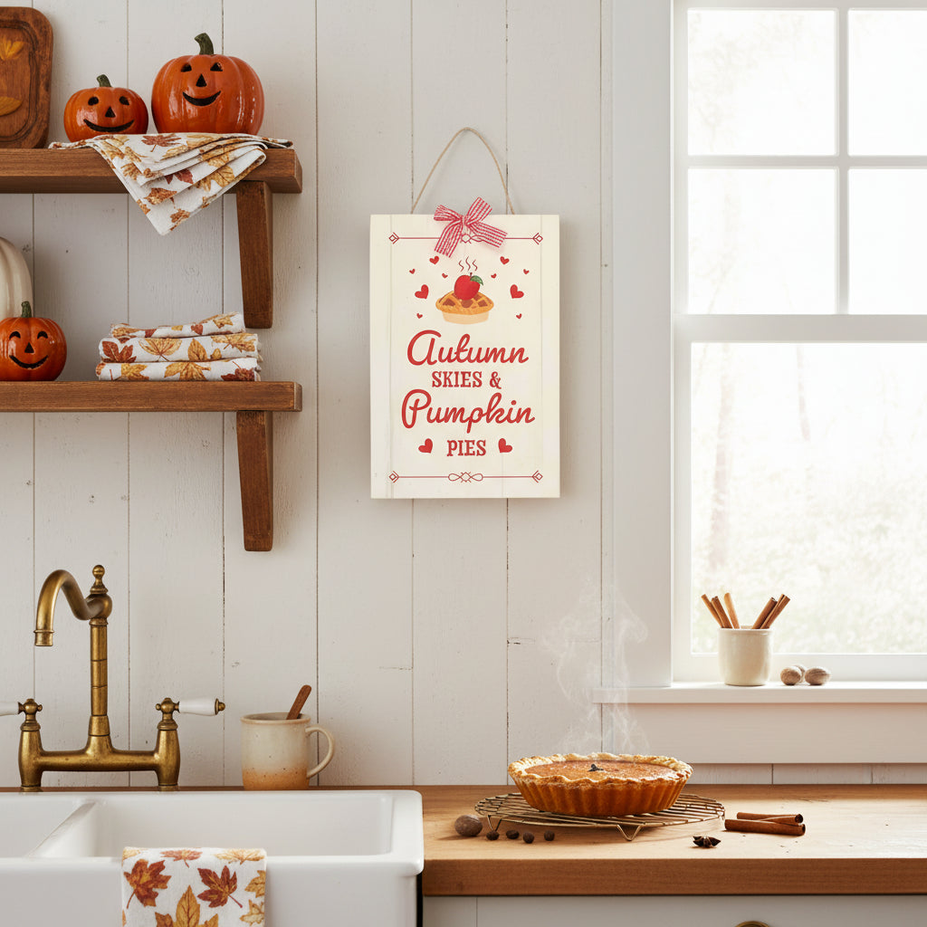 Decorative sign with a pumpkin pie illustration and text 'Autumn Skies & Pumpkin Pies' on a white background.