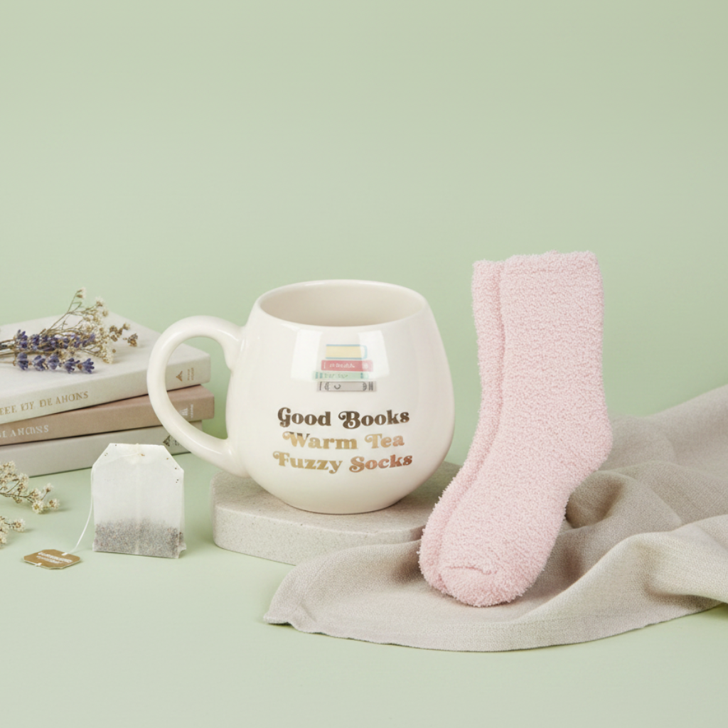 rounded mug with book design and text that reads "good books, warm tea, fuzzy socks" with pink fuzzy socks on a sage green background with elements of tea bag, books and blanket.
