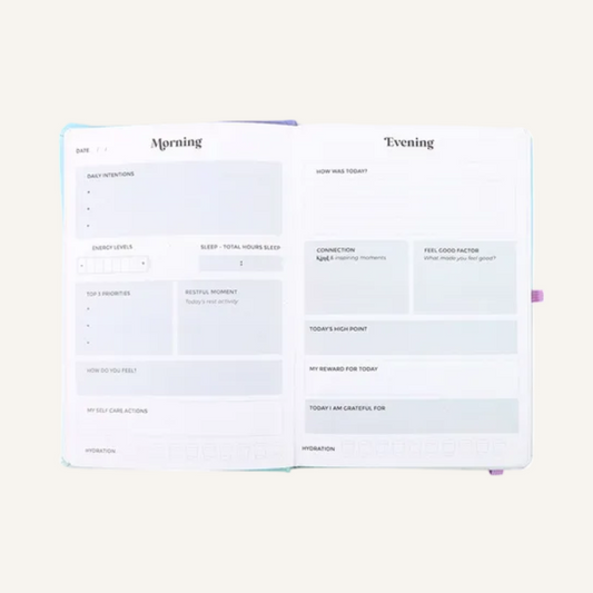An open journal showing two white pages with light gray boxes and faint headings, photographed on a plain ivory background.