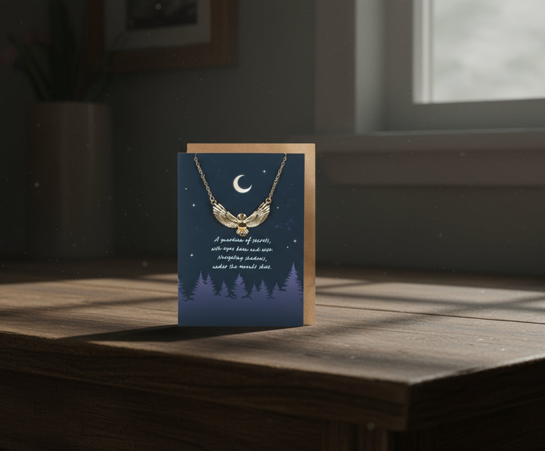 Necklace with owl design on a card with a night sky and trees illustration.