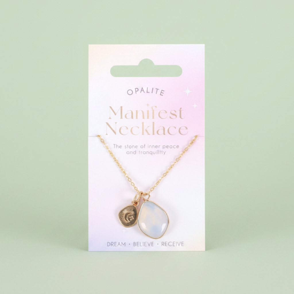 opalite necklace on card with 'manifest necklace' on a sage green background