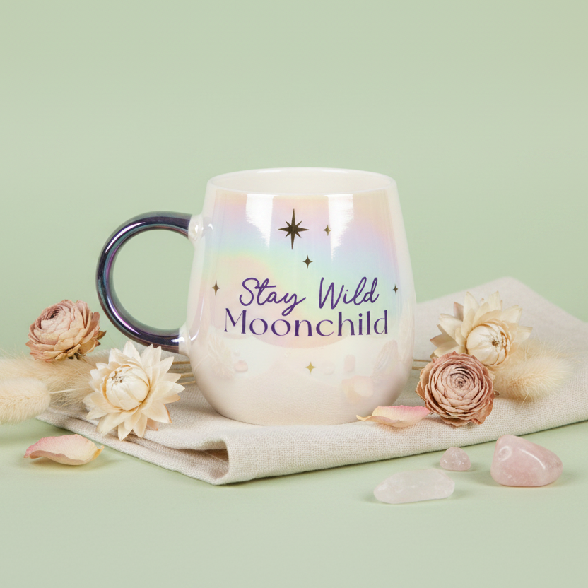 iridescent stay wild moon child mug on a sage green background with ivory and blush pink elements and flowers