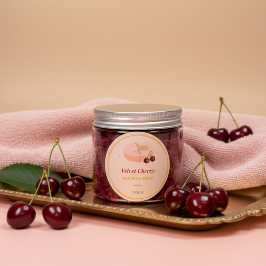 Velvet Cherry Whipped Soap lifestyle shot with cherries and blush pink styling
