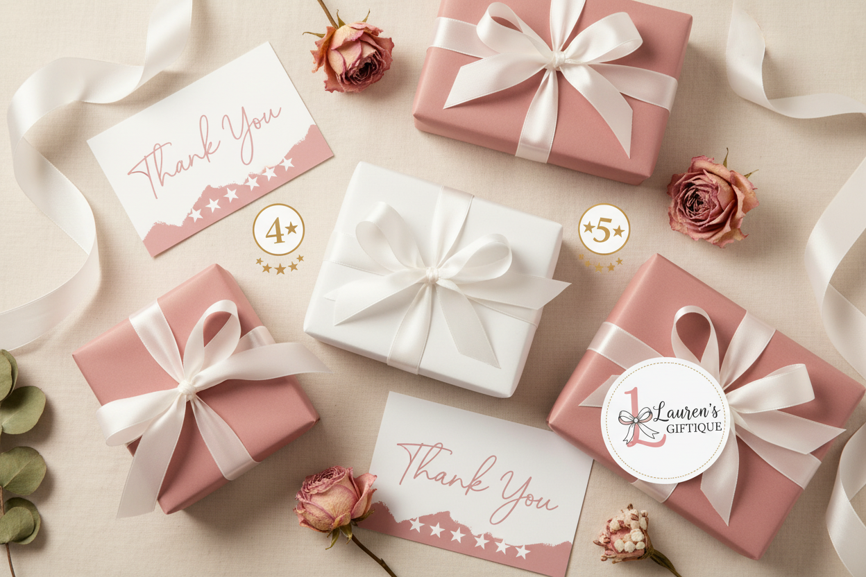 Premium gift boxes with ribbon bows and thank you cards - Lauren's Giftique customer reviews