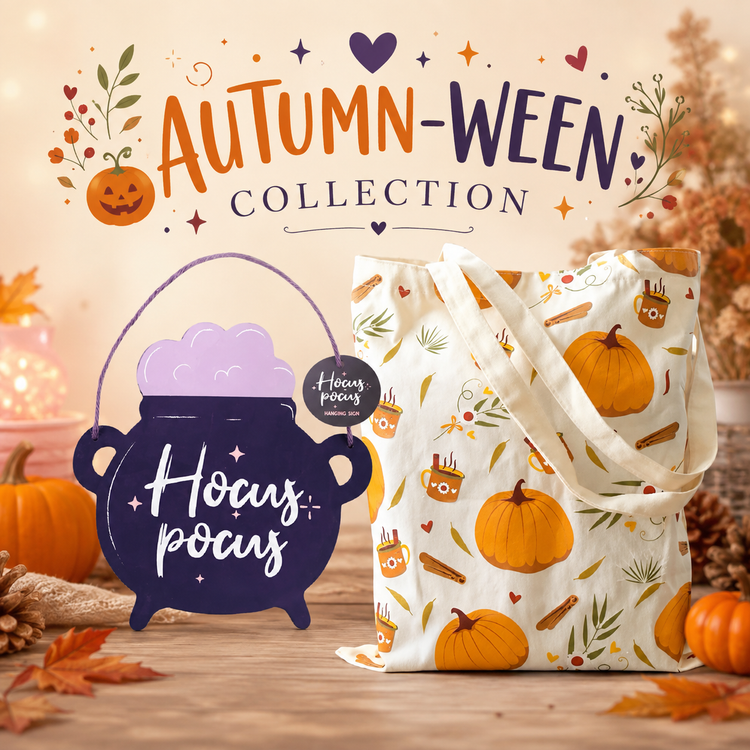 Autumn-ween image showing a hocus pocus cauldron sign and pumpkin tote bag 