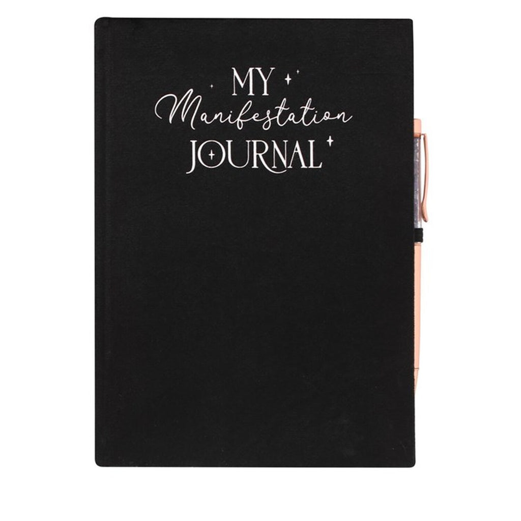Black journal with 'My Manifestation Journal' text on a white background