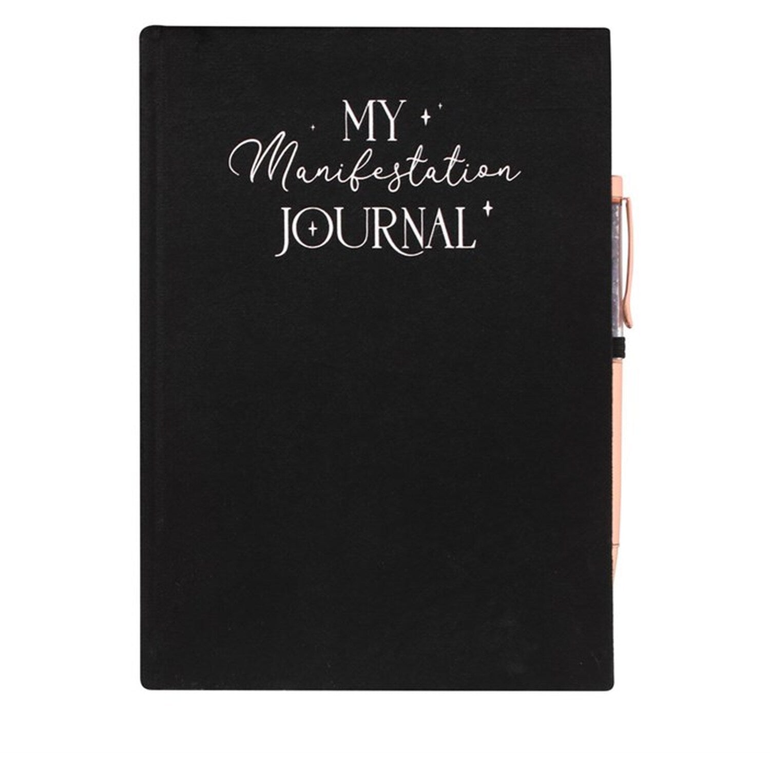 Black journal with 'My Manifestation Journal' text on a white background