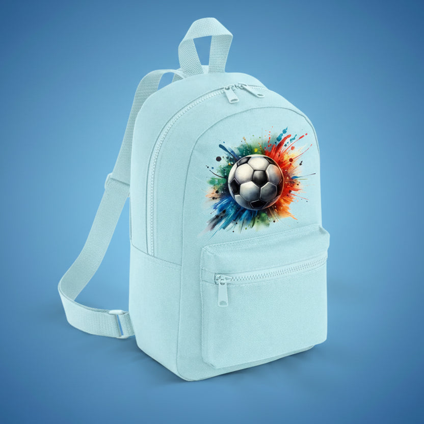 Light blue backpack with a colorful soccer ball design on a blue background