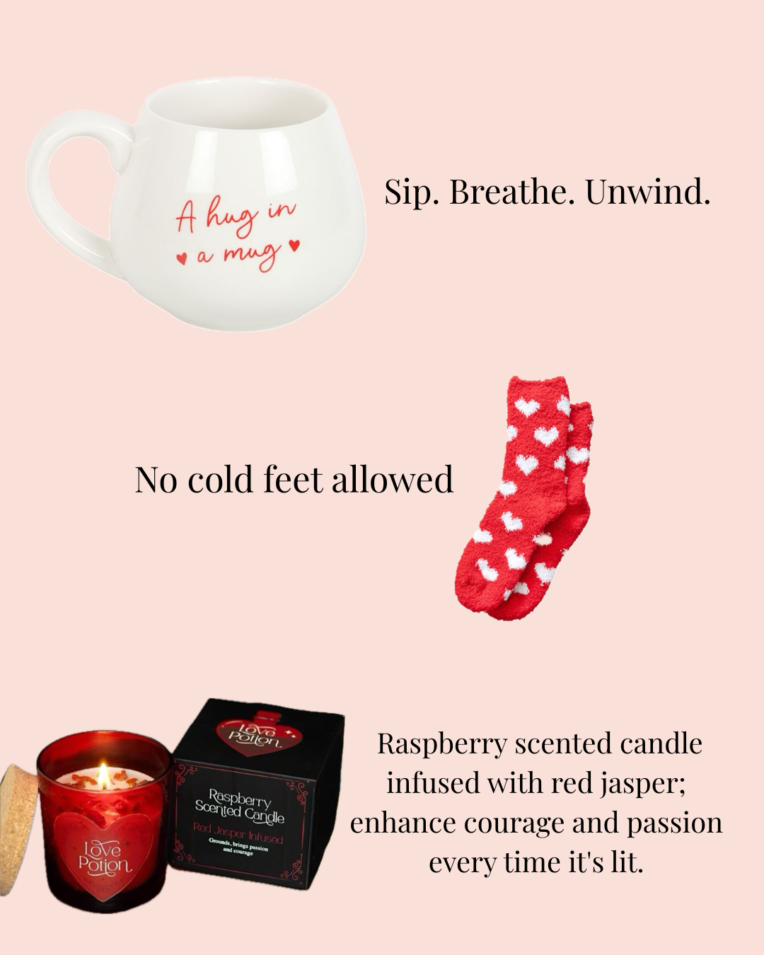 White mug with text, red candle, and socks on a pink background