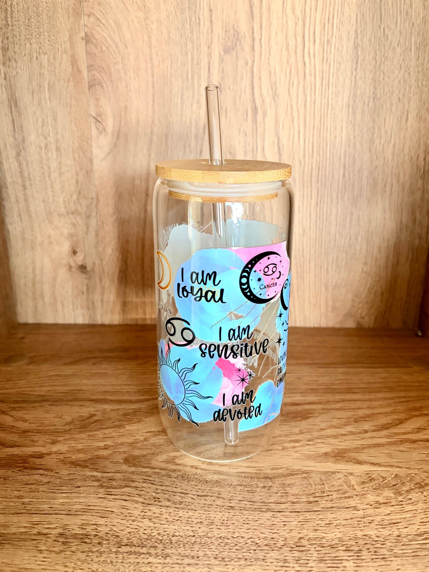 Cancer zodiac glass can showing I am loyal, I am sensitive, I am devoted affirmations with Cancer moon symbol