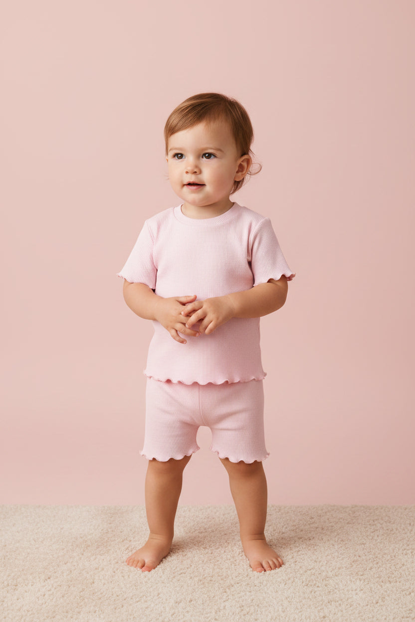 pink ribbed shorts set on toddler