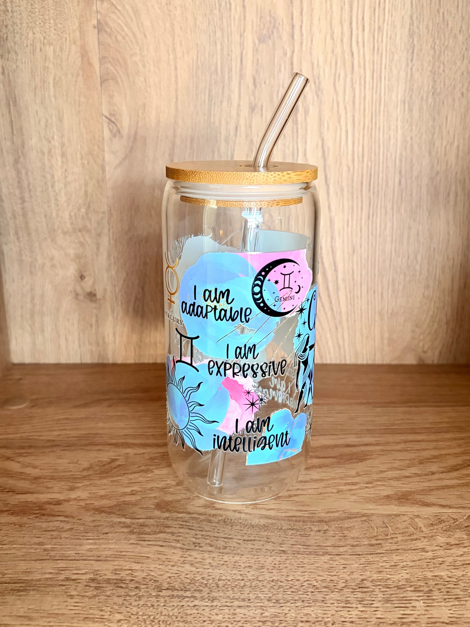 Gemini zodiac glass can showing Gemini traits and I am curious affirmation