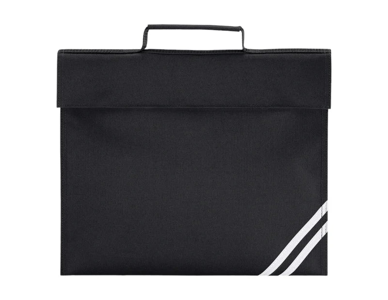 A black fabric book bag with a top carry handle and two diagonal white stripes near the bottom right corner, shown against a plain white background.