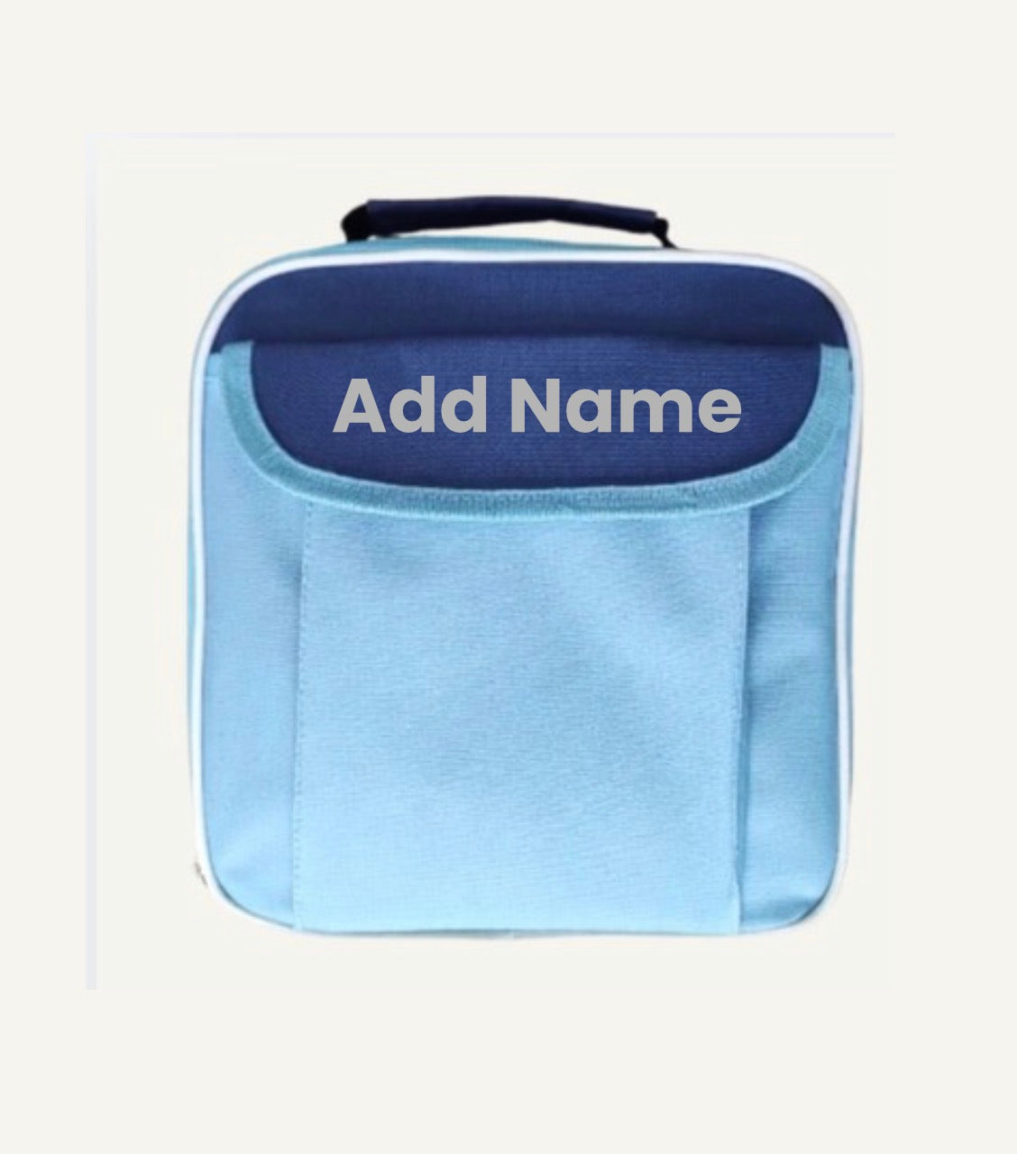 A light blue and navy blue insulated lunch bag with a top handle and a front pocket featuring the text 'Add Name' in white, shown on a plain light background.