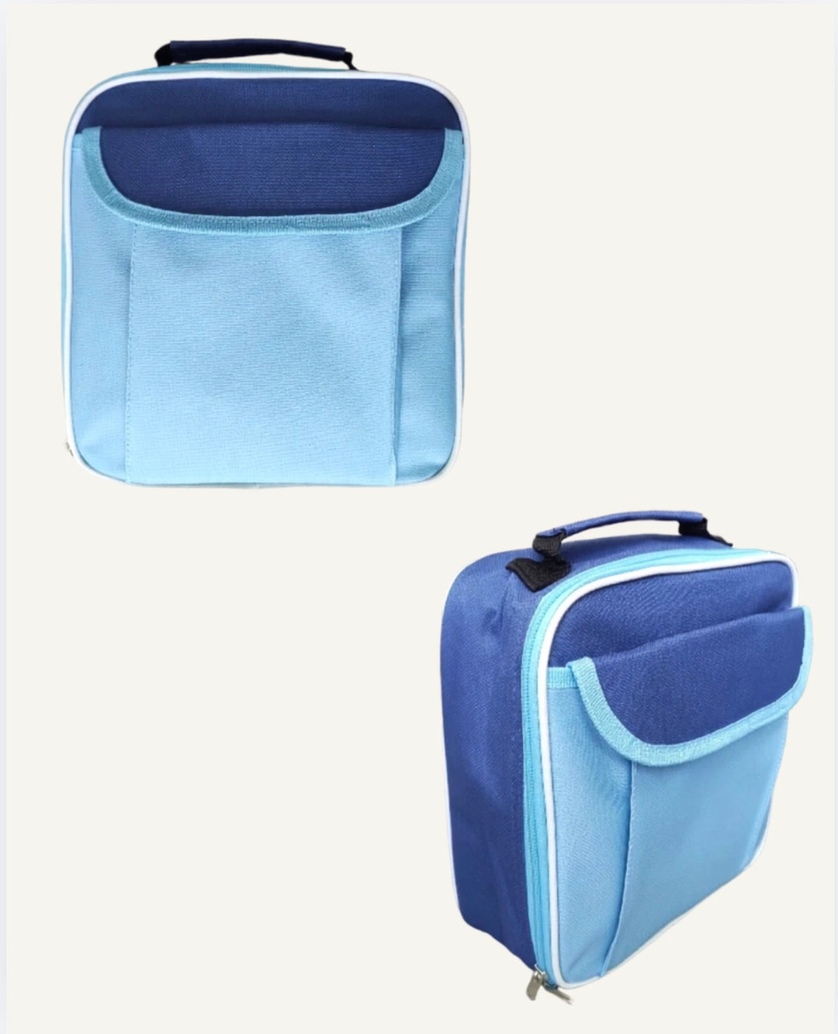 Two views of a light blue and dark blue zippered lunch bag with a top handle, shown on a plain off-white background.