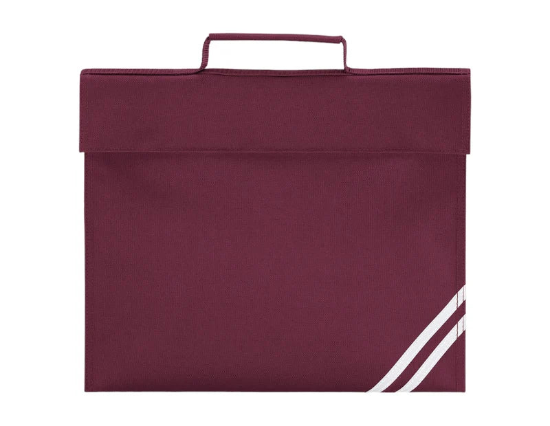 A burgundy fabric book bag with a top handle and white diagonal stripes in the bottom right corner, shown against a plain white background.
