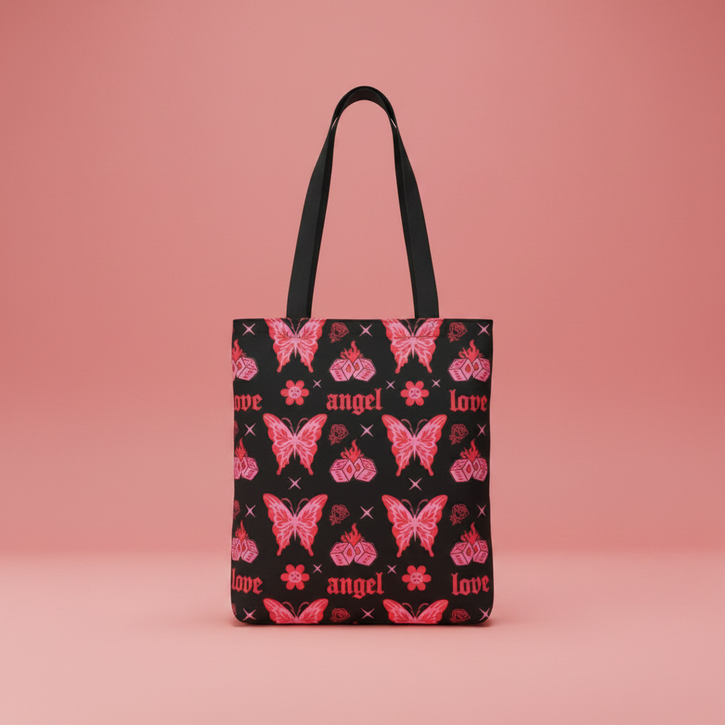 black tote bag with red and pink butterfly print on a red background