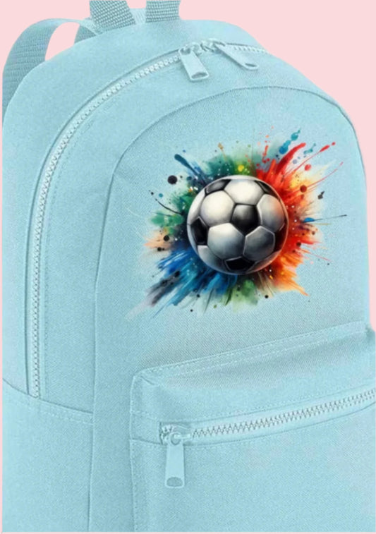 Personalised football design kids backpack in blue with custom name on front pocket