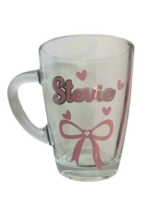 Custom glass mug with pink bow- ideal gift for her 