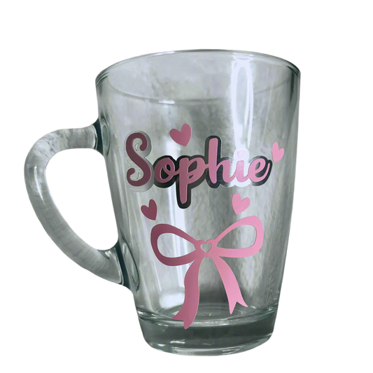 Personalised clear glass mug with pink bow and custom name design
