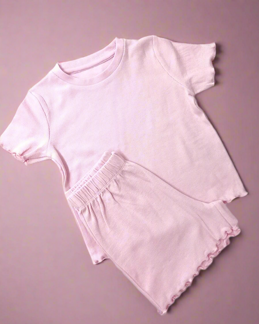 Pink Ribbed Frill T-shirt & Shorts