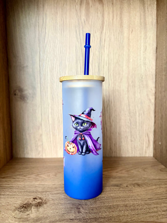 Witch Cat & Baby Bats Glass Tumbler – Blue Ombre