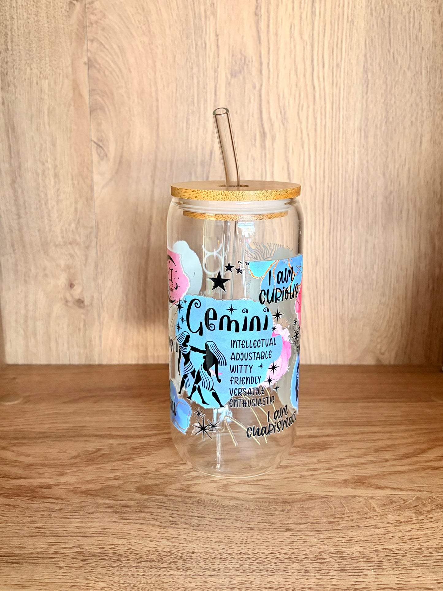Gemini zodiac glass can front view showing affirmations