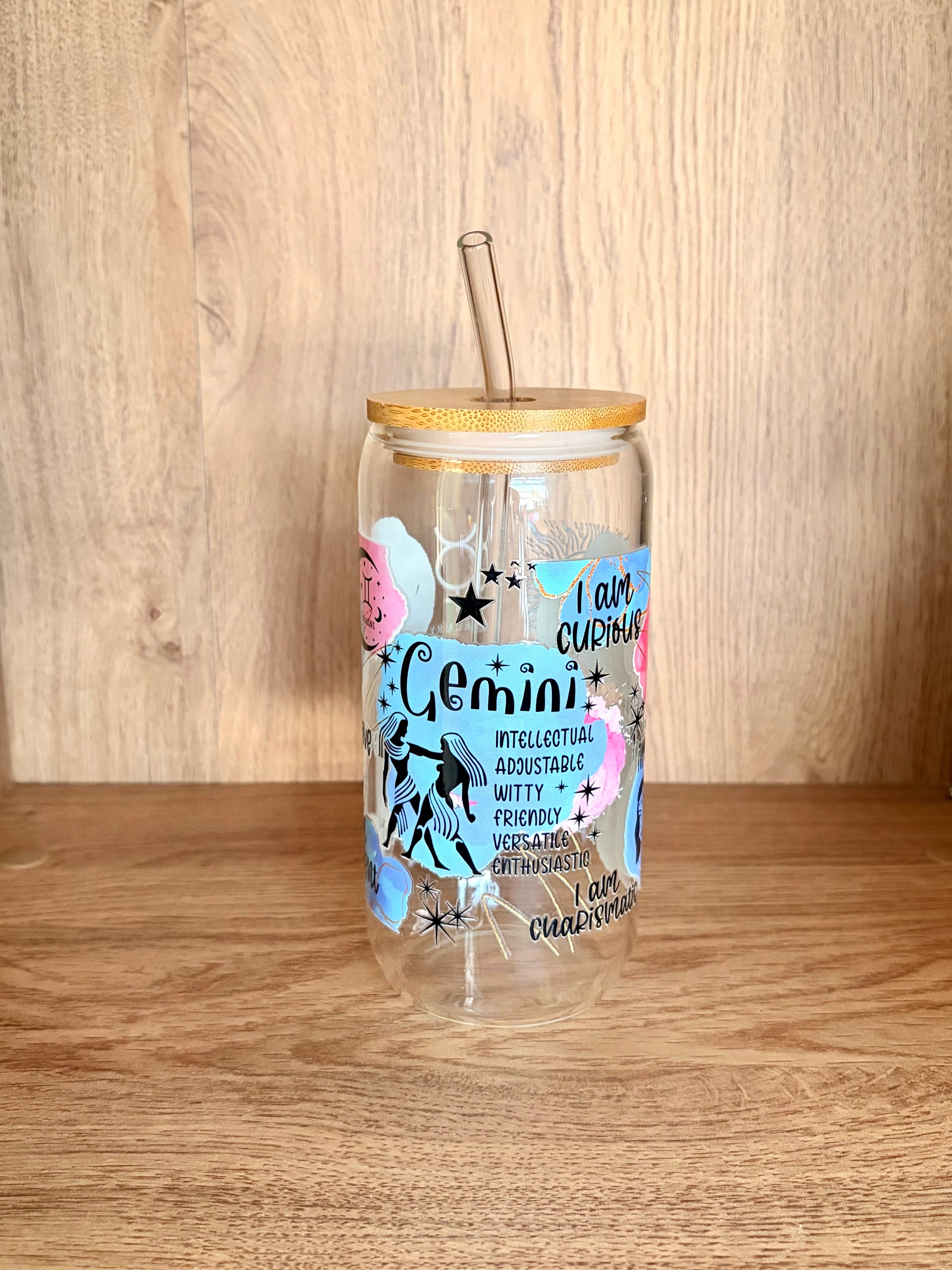 Gemini zodiac glass can front view showing affirmations