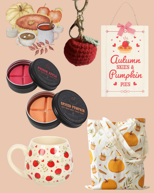 Collection of autumn-themed products including a mug, tote bag, and keychain on a peach background.