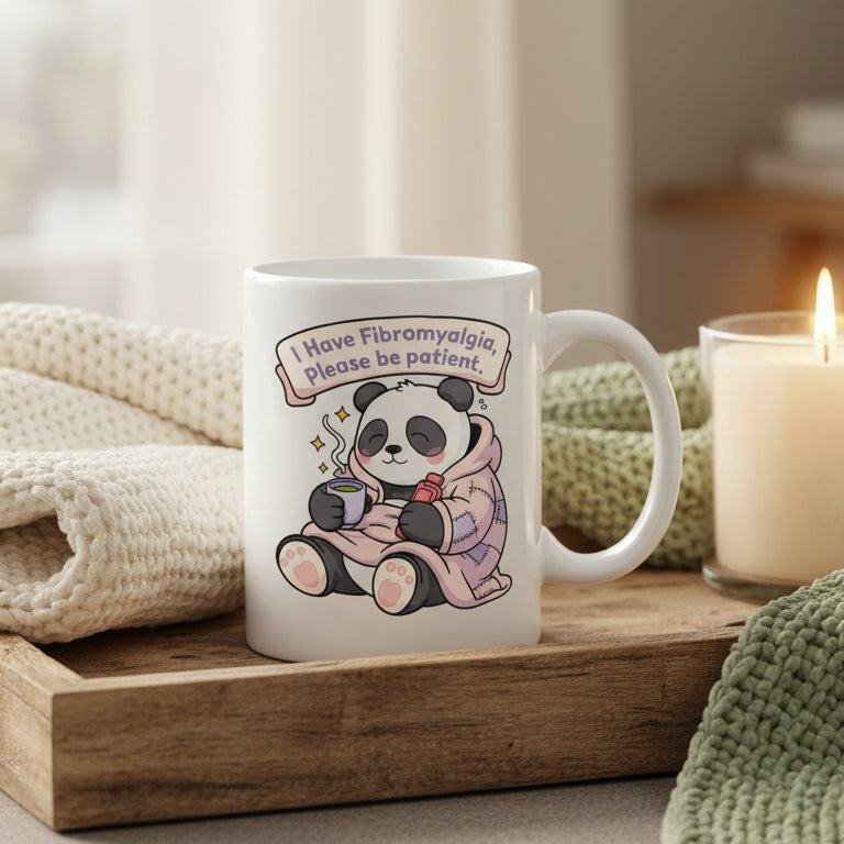 A white ceramic mug featuring a cute cartoon panda wrapped in a pink blanket with a speech bubble that reads, 'I Have Fibromyalgia, Please be patient.'.