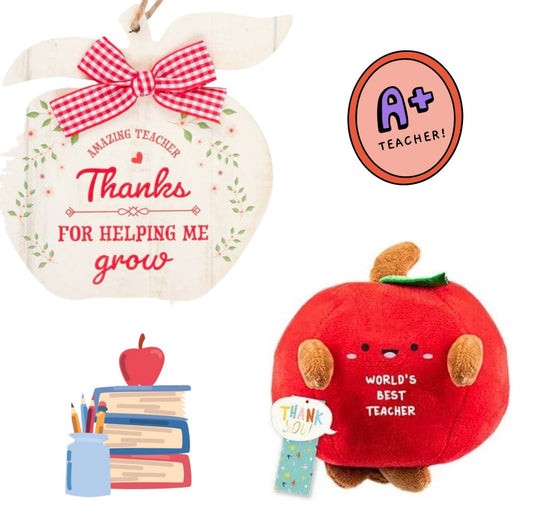 worlds best teacher spple plush and wooden apple hanging sign