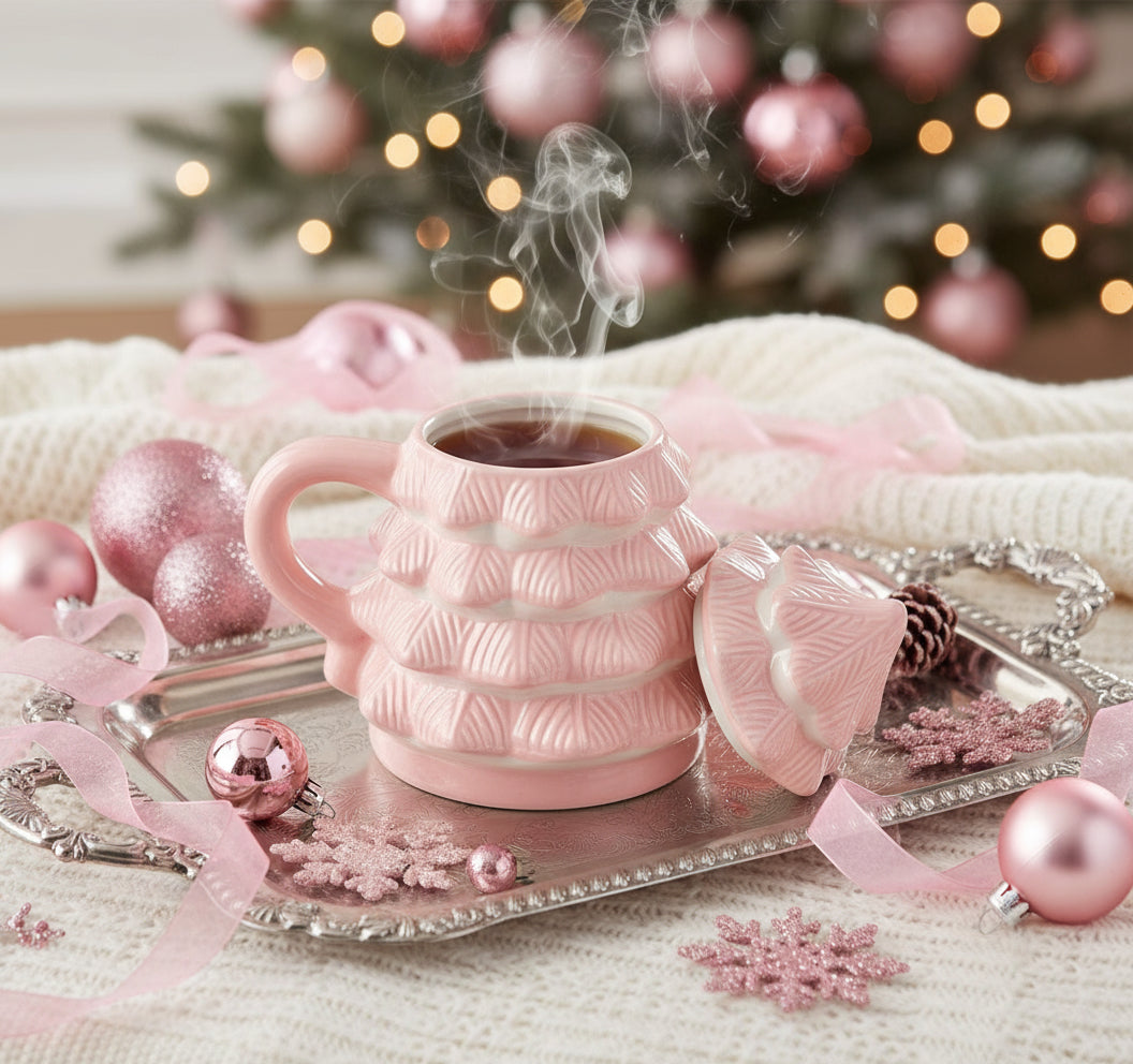 Pink Christmas Tree Lidded Mug
