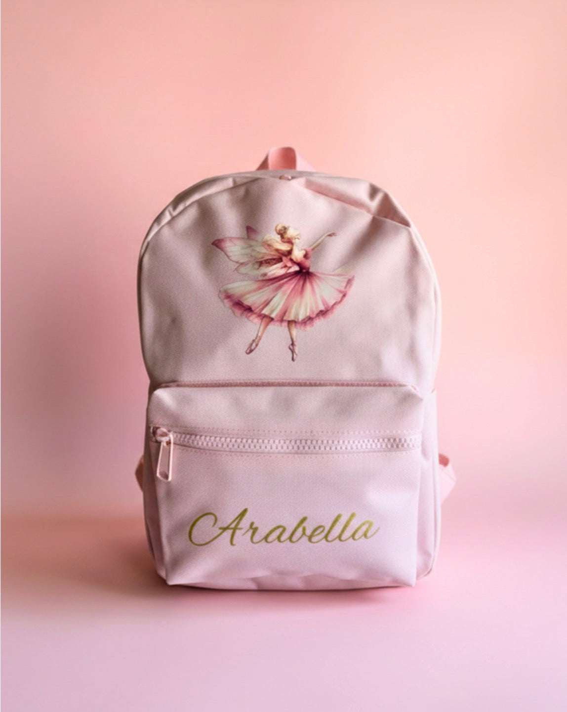 Backpack with a ballerina design and 'Arabella' text on a pink background