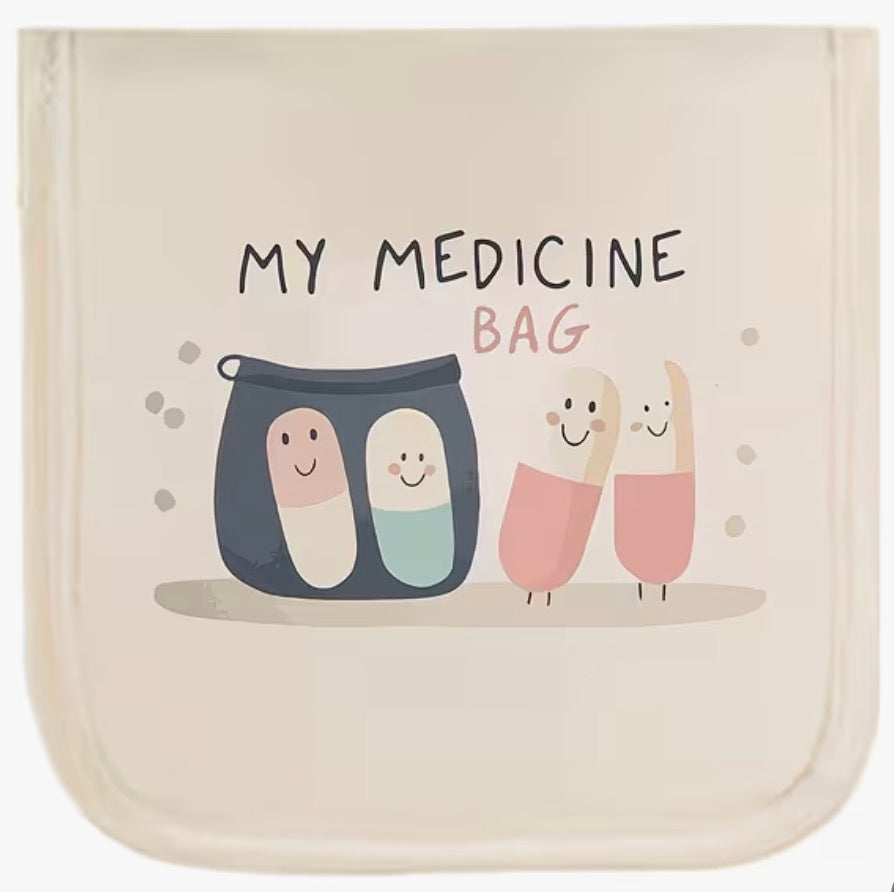Beige pouch with cartoon pills design and 'My Medicine Bag' text on a white background