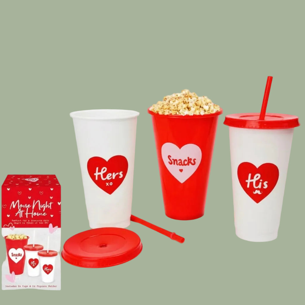 Set of movie night-themed cups and popcorn with 'Hers' and 'His' design on a green background.