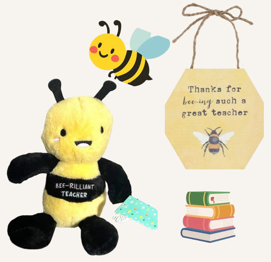 bee-rilliant teacher bee plush and hexogonal wooden sign