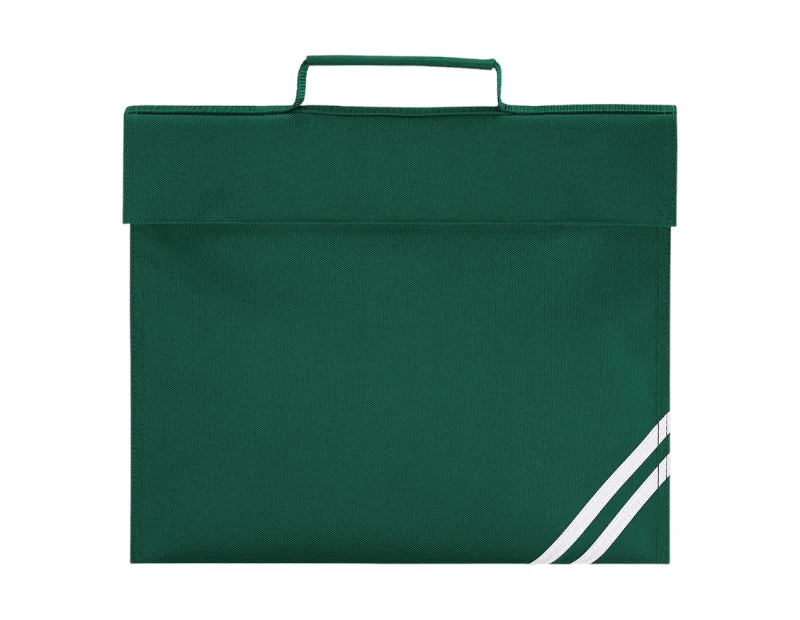 A dark green fabric book bag with a top handle and two diagonal white stripes in the bottom right corner, shown against a plain white background.