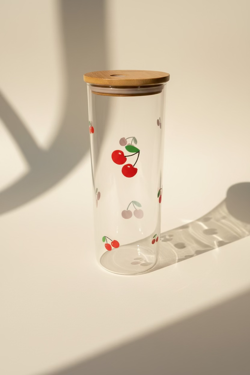 Cherry Print Glass Tumbler with Bamboo Lid