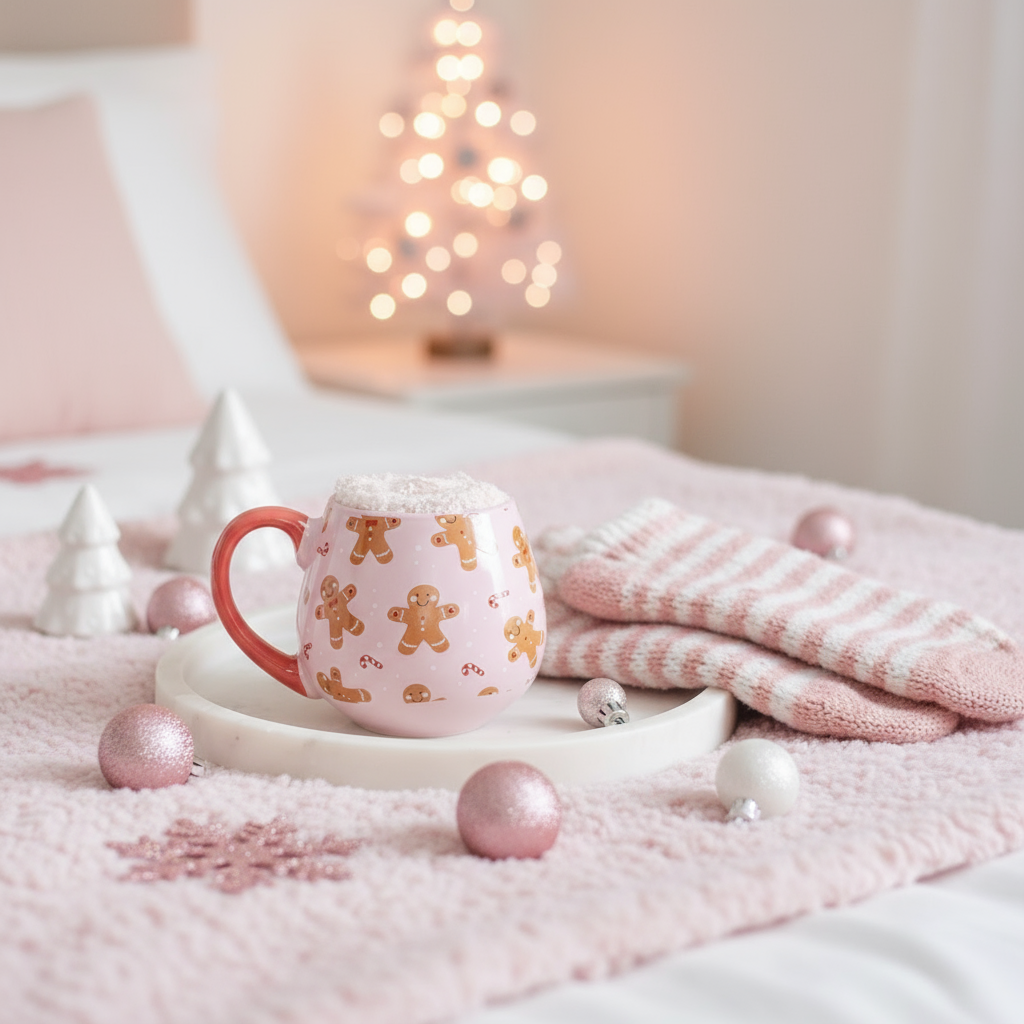 Pink Gingerbread Print Mug & Socks Set