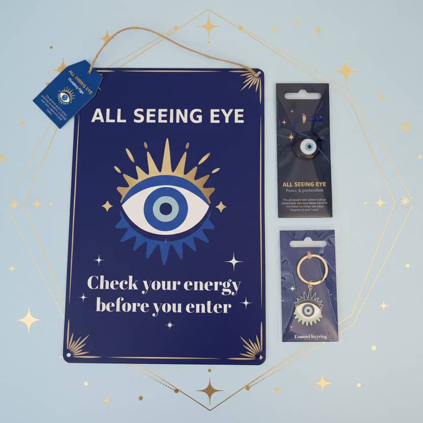 Decorative sign with 'All Seeing Eye' design and related merchandise on a white surface.